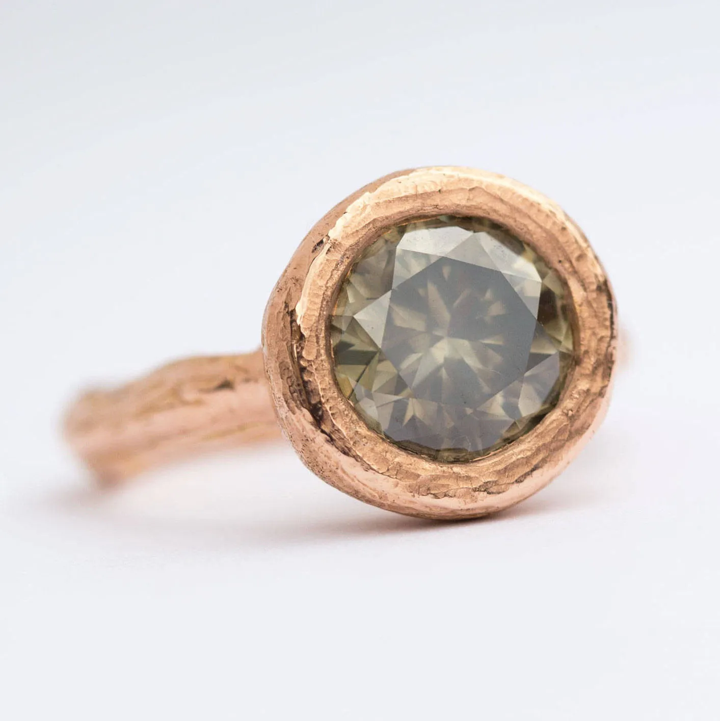 3.5ct Green Grey Diamond Engagement Ring in 18k Rose Gold hand carved bezel setting by Anueva Jewelry - Recycled Gold- 3ct - Organic Jewelry