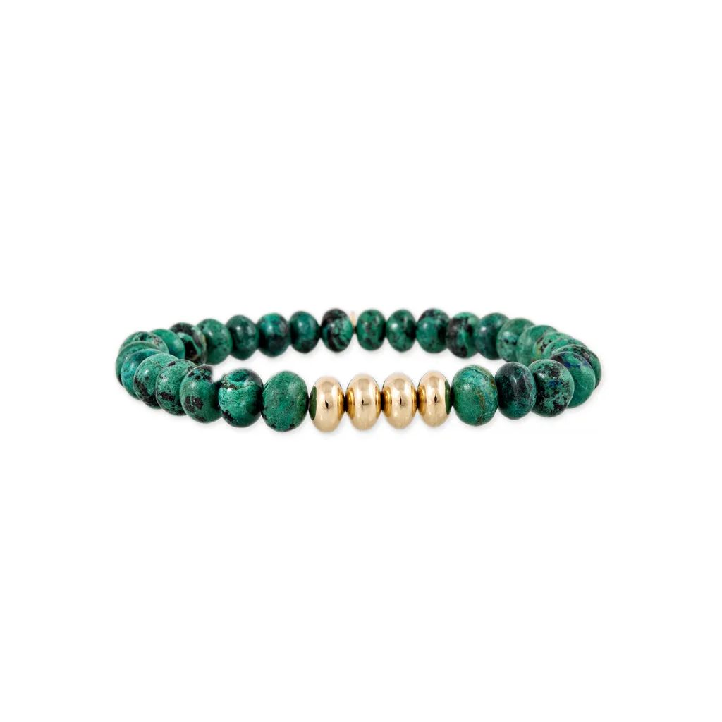 4 GOLD BEADS   CHRYSOCOLLA BEADED STRETCH BRACELET