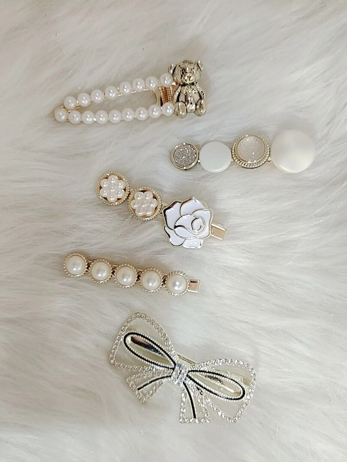 5pcs Rhinestone Bow and Flower & Faux Pearl Decor Hair Clip for Women Barrette