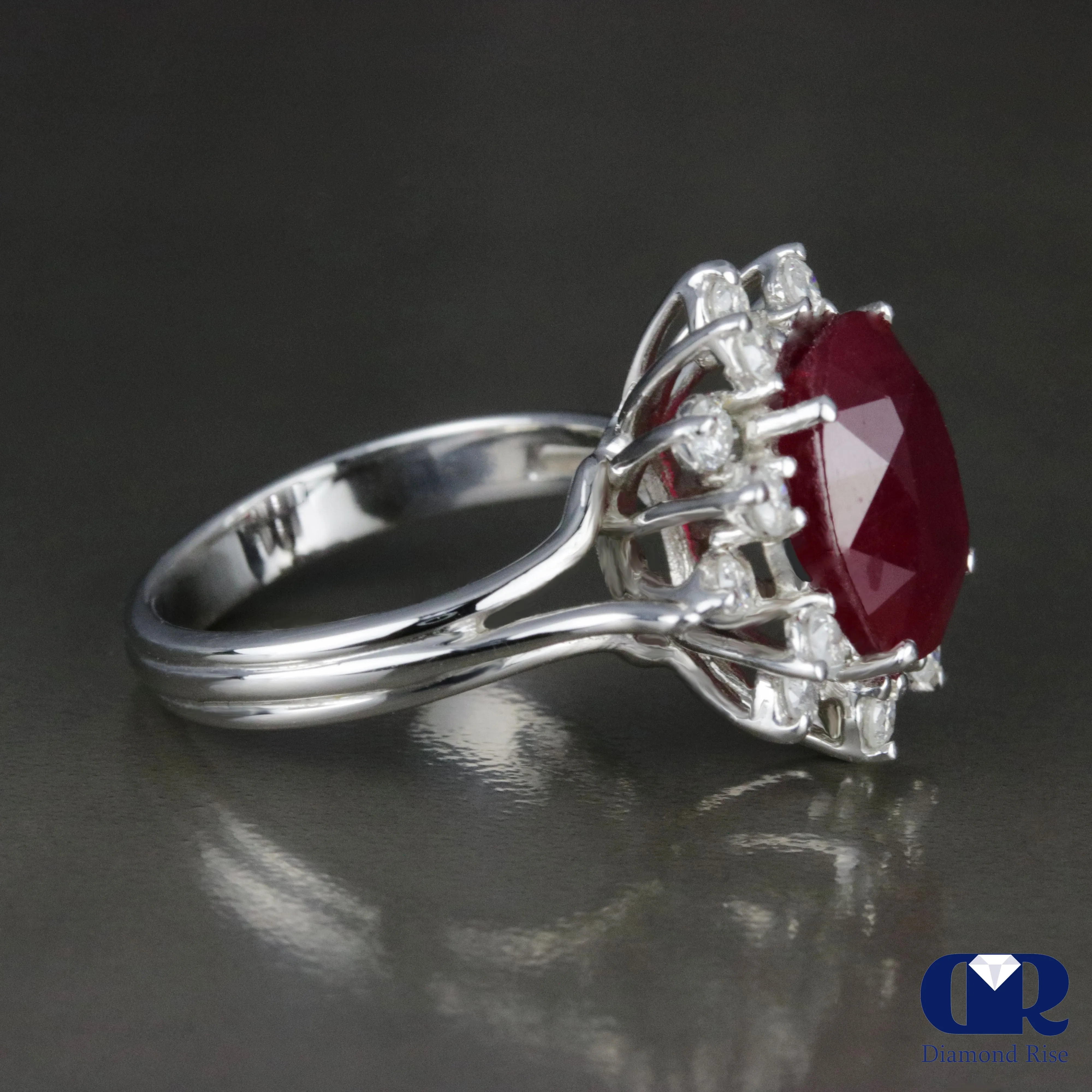 6.67 Carat Oval Ruby & Diamond Cocktail Ring Right Hand Fashion Ring In 14K White Gold