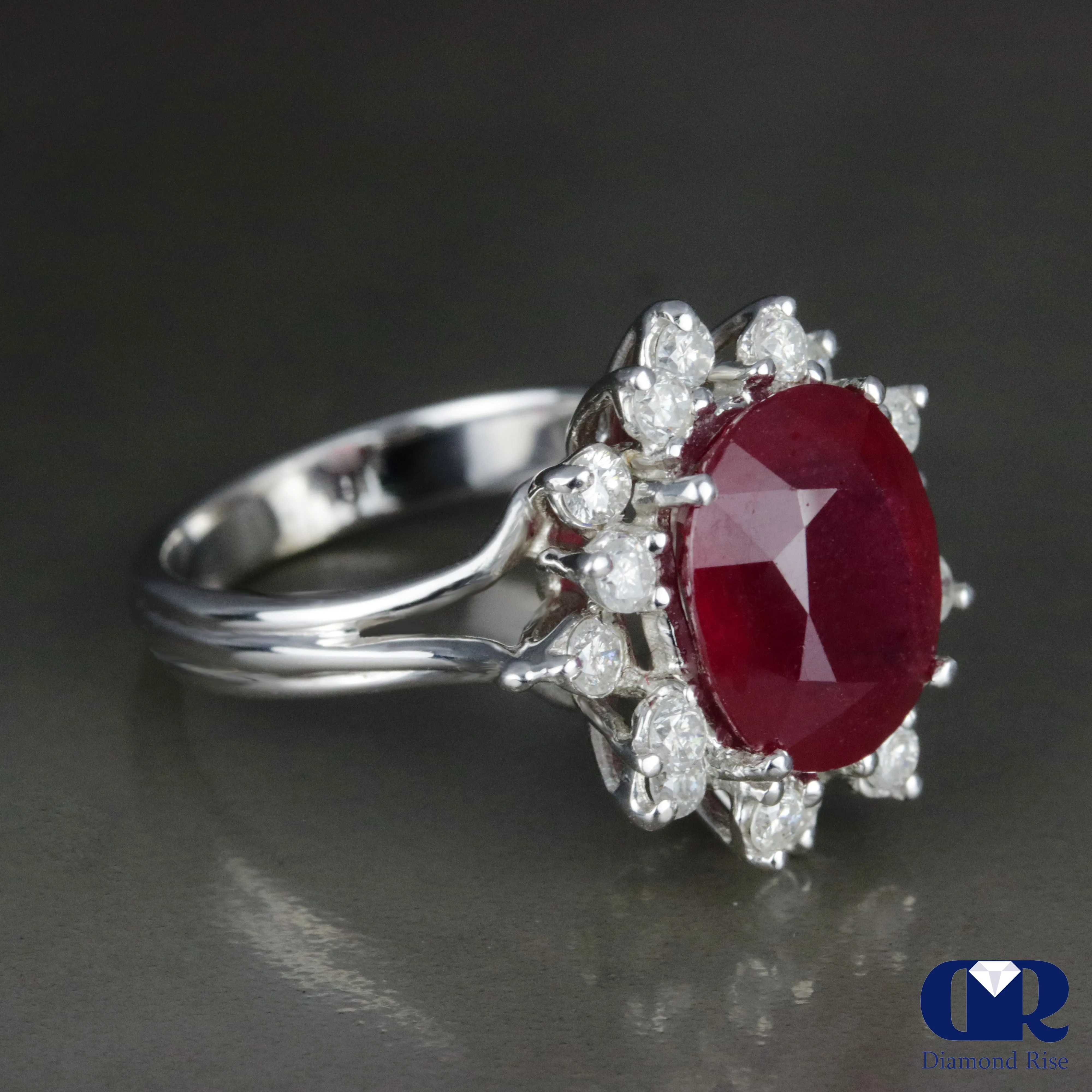 6.67 Carat Oval Ruby & Diamond Cocktail Ring Right Hand Fashion Ring In 14K White Gold