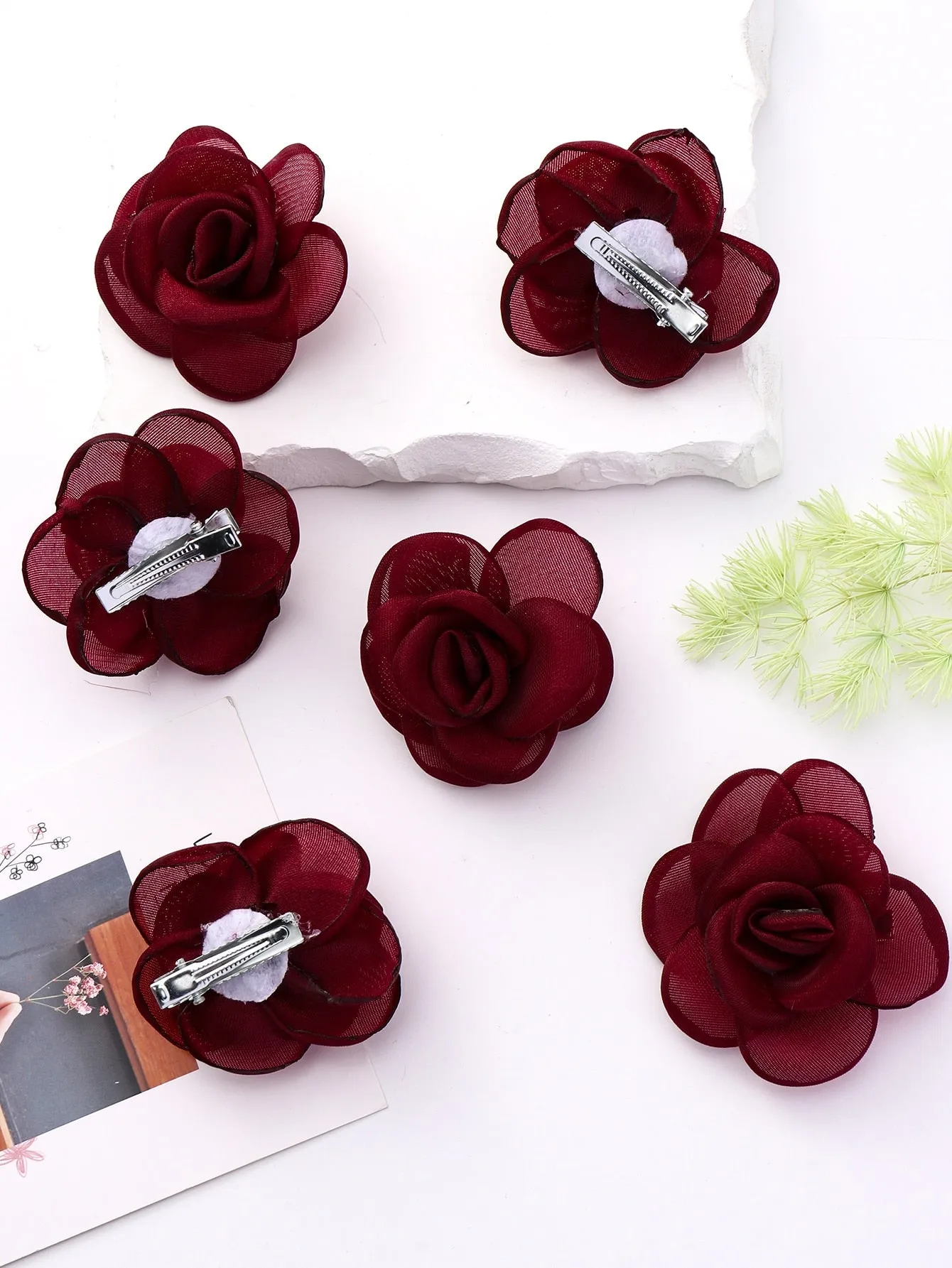 6pcs Dark Red Flower Decor Alligator Hair Clip for Women Barrette Styling Hair