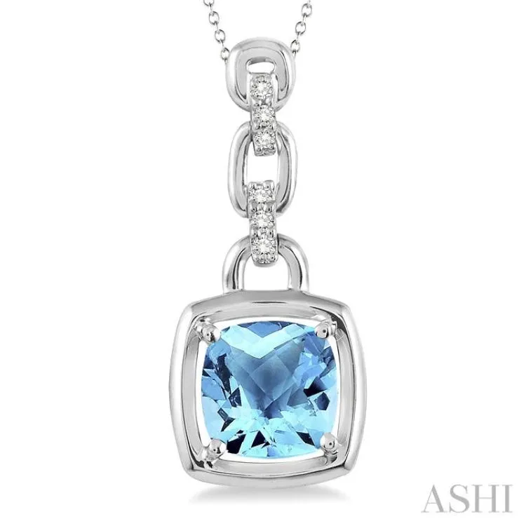 8x8MM Cushion Checker Blue Topaz and 1/20 Ctw Single Cut Diamond Pendant in Sterling Silver with Chain