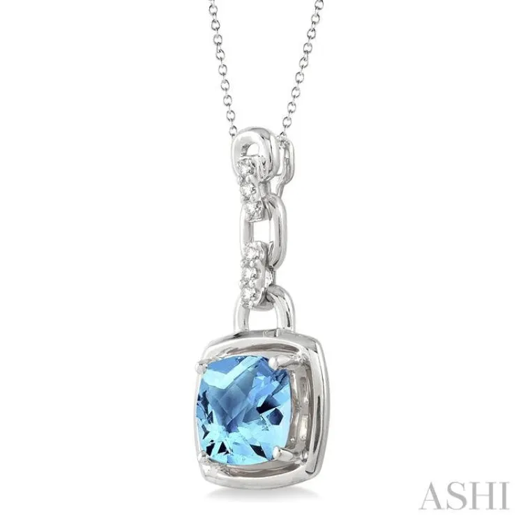 8x8MM Cushion Checker Blue topaz and 1/20 Ctw Single Cut Diamond Pendant in Sterling Silver with Chain