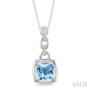 8x8MM Cushion Checker Blue topaz and 1/20 Ctw Single Cut Diamond Pendant in Sterling Silver with Chain