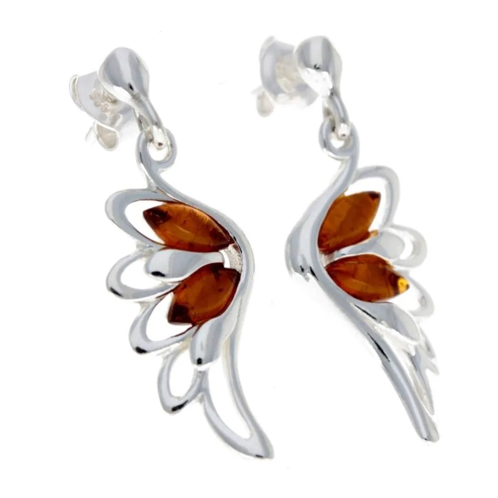 925 Sterling Silver & Baltic Amber Angel Wings Drop Earrings GL148