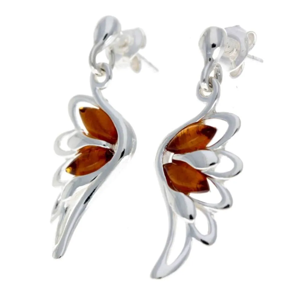 925 Sterling Silver & Baltic Amber Angel Wings Drop Earrings GL148