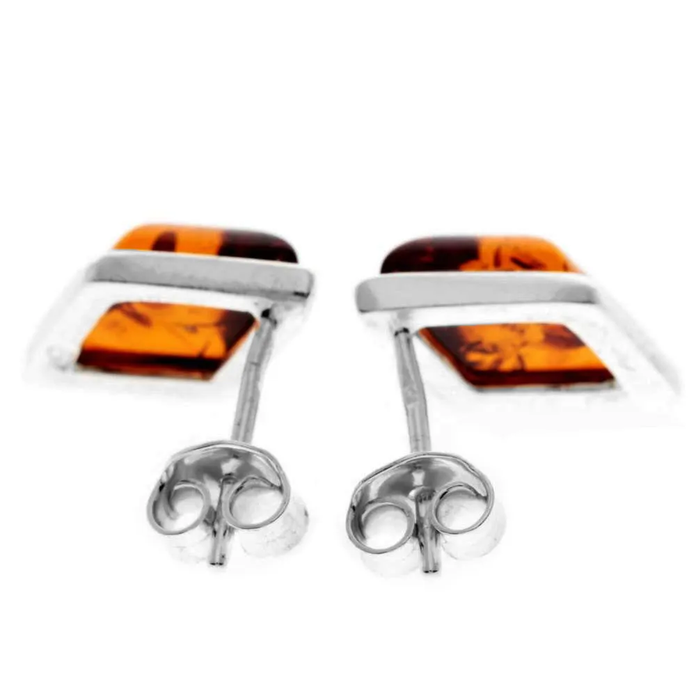 925 Sterling Silver & Baltic Amber Diamond Shape Studs Earrings - GL037