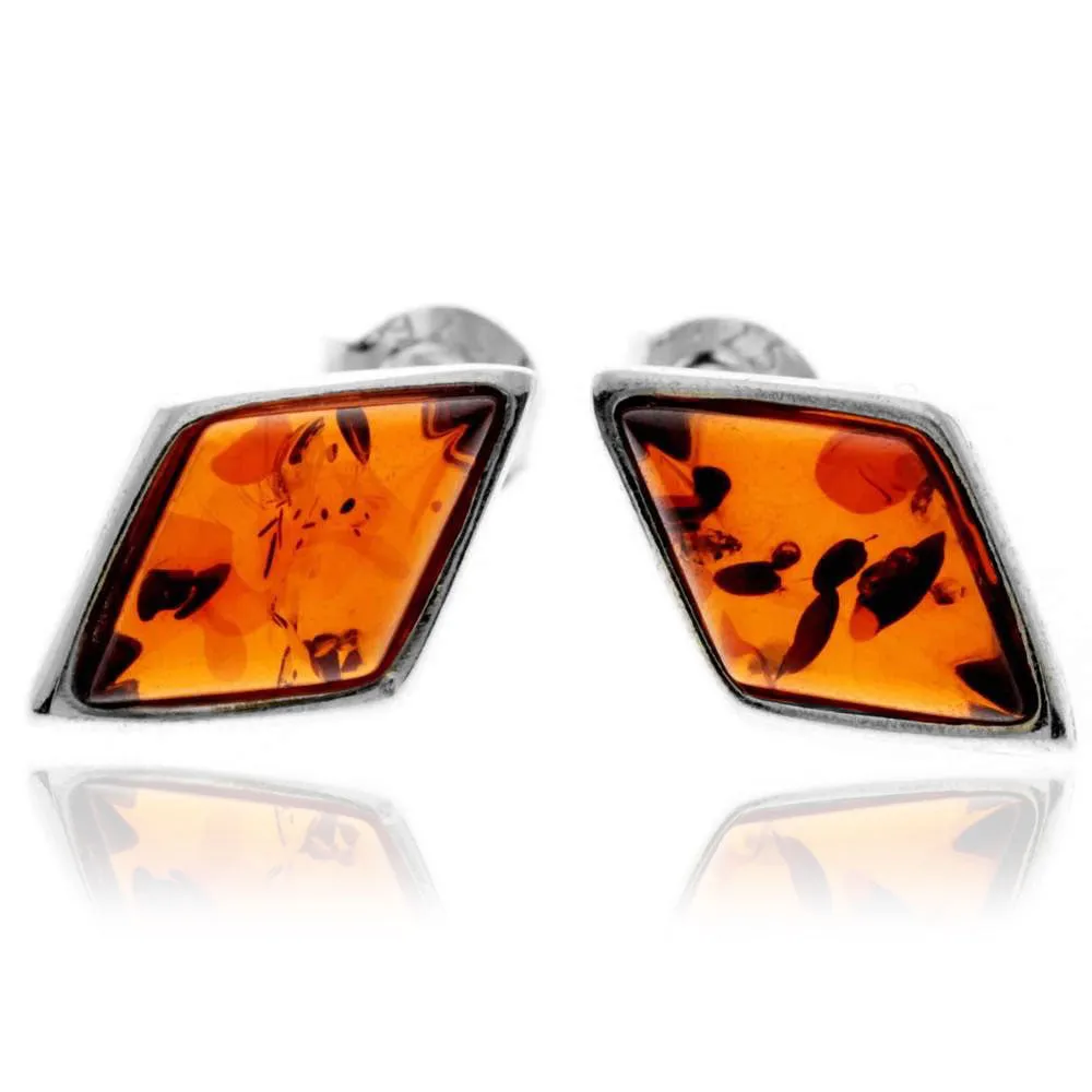 925 Sterling Silver & Baltic Amber Diamond Shape Studs Earrings - GL037