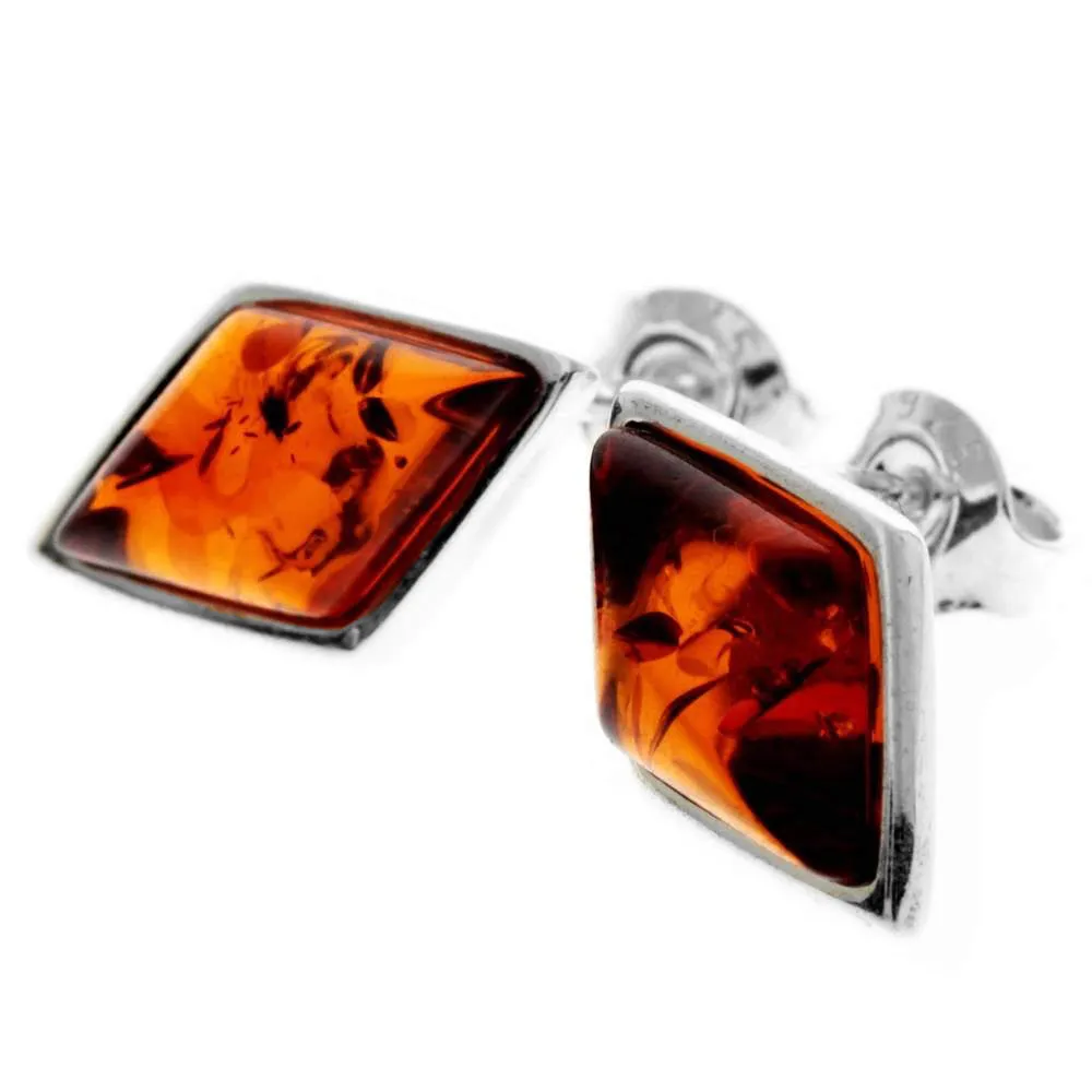 925 Sterling Silver & Baltic Amber Diamond Shape Studs Earrings - GL037