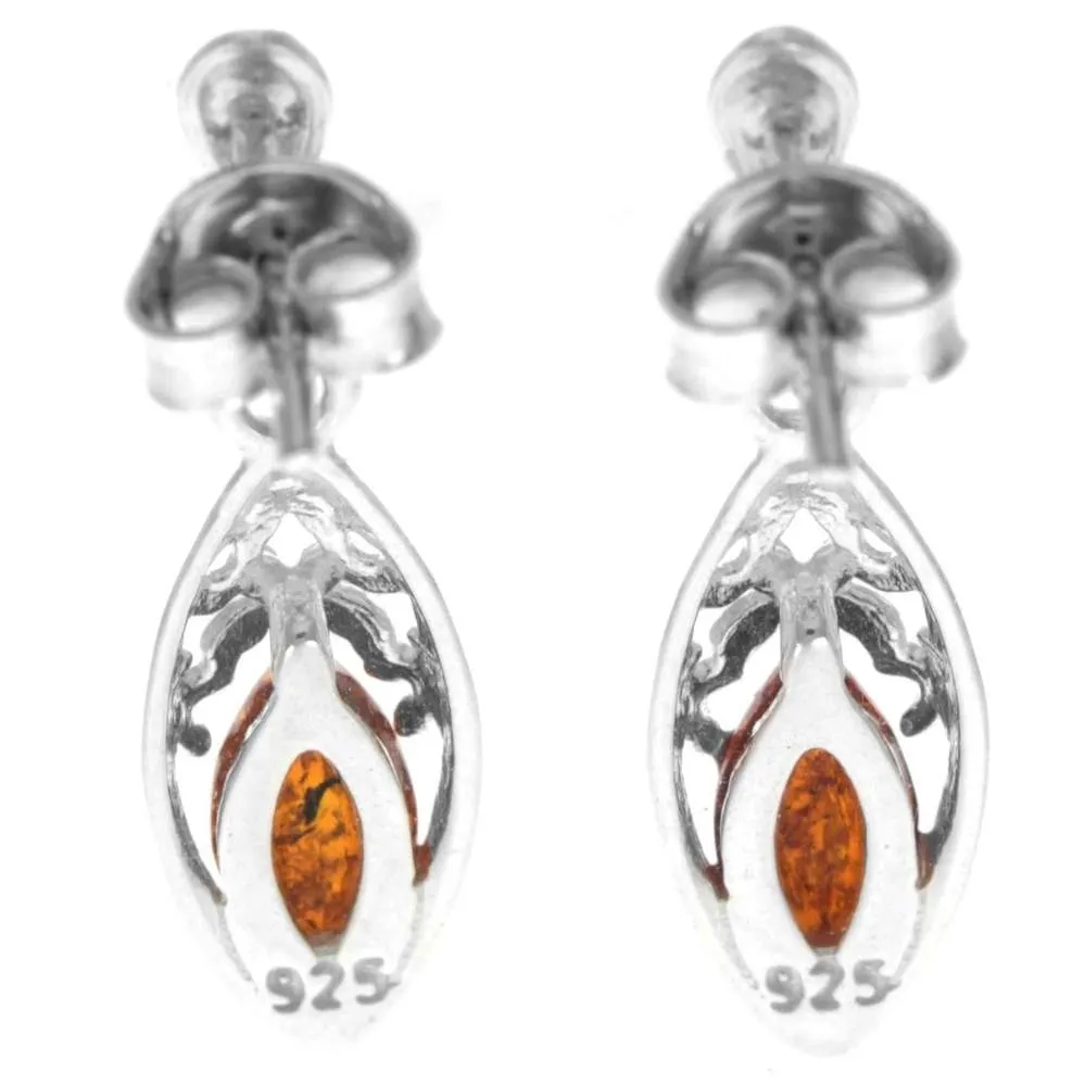 925 Sterling Silver & Genuine Baltic Amber Classic Drop Earrings - GL1013