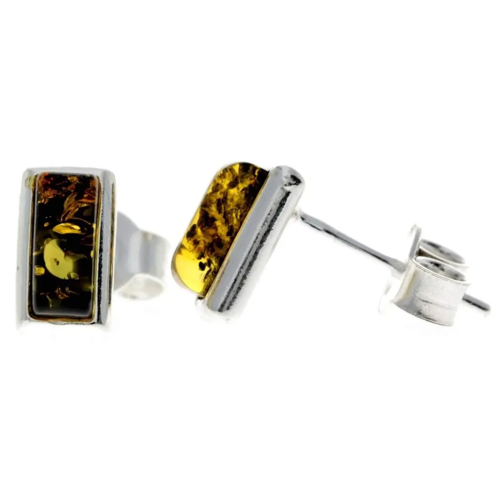 925 Sterling Silver & Genuine Baltic Amber Classic Rectangular Studs Earrings - 8346