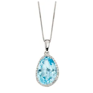 9ct White Gold Irregular Cut Blue Topaz & Diamond Halo Cluster Pendant