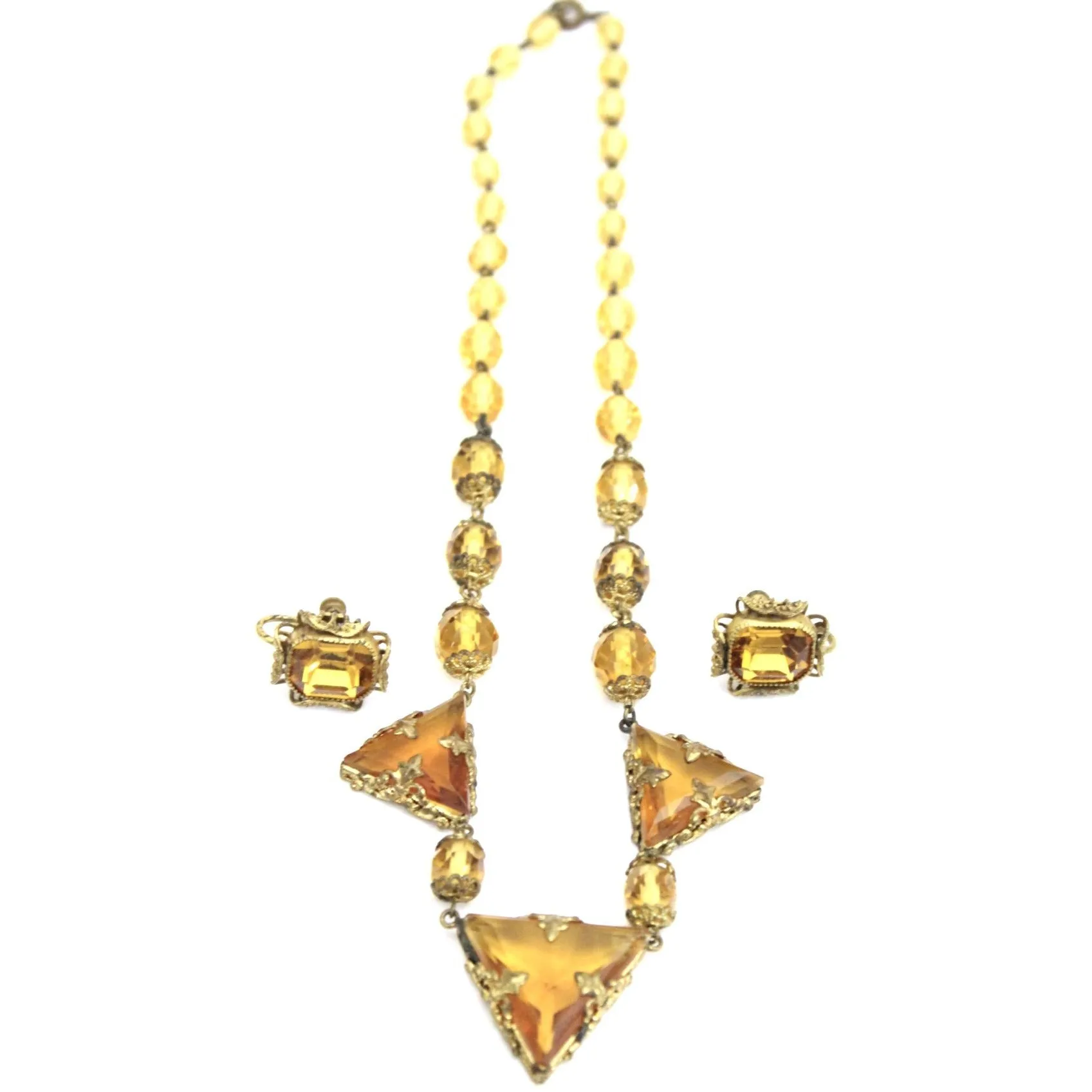 Antique 1920s Art Deco Necklace Demi Parure Amber Yellow Glass Stones Triangle Cut Brass Filigree 16" Flapper