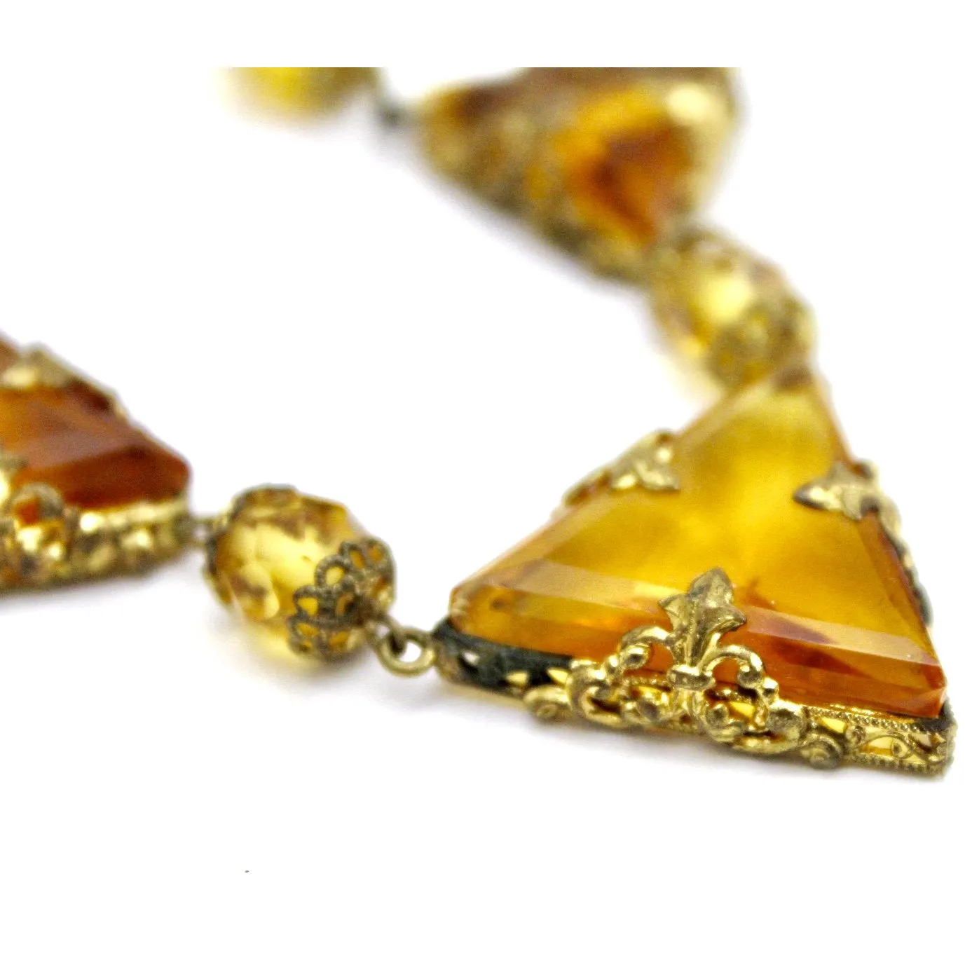 Antique 1920s Art Deco Necklace Demi Parure Amber Yellow Glass Stones Triangle Cut Brass Filigree 16" Flapper