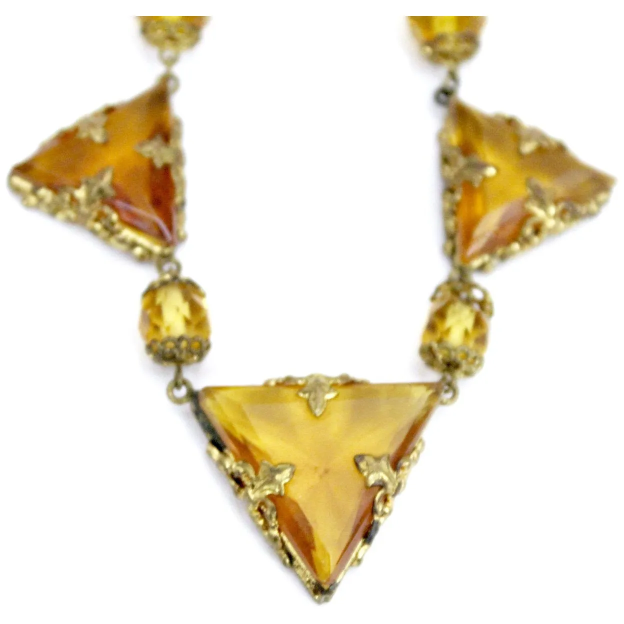 Antique 1920s Art Deco Necklace Demi Parure Amber Yellow Glass Stones Triangle Cut Brass Filigree 16" Flapper