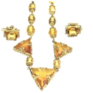 Antique 1920s Art Deco Necklace Demi Parure Amber Yellow Glass Stones Triangle Cut Brass Filigree 16" Flapper