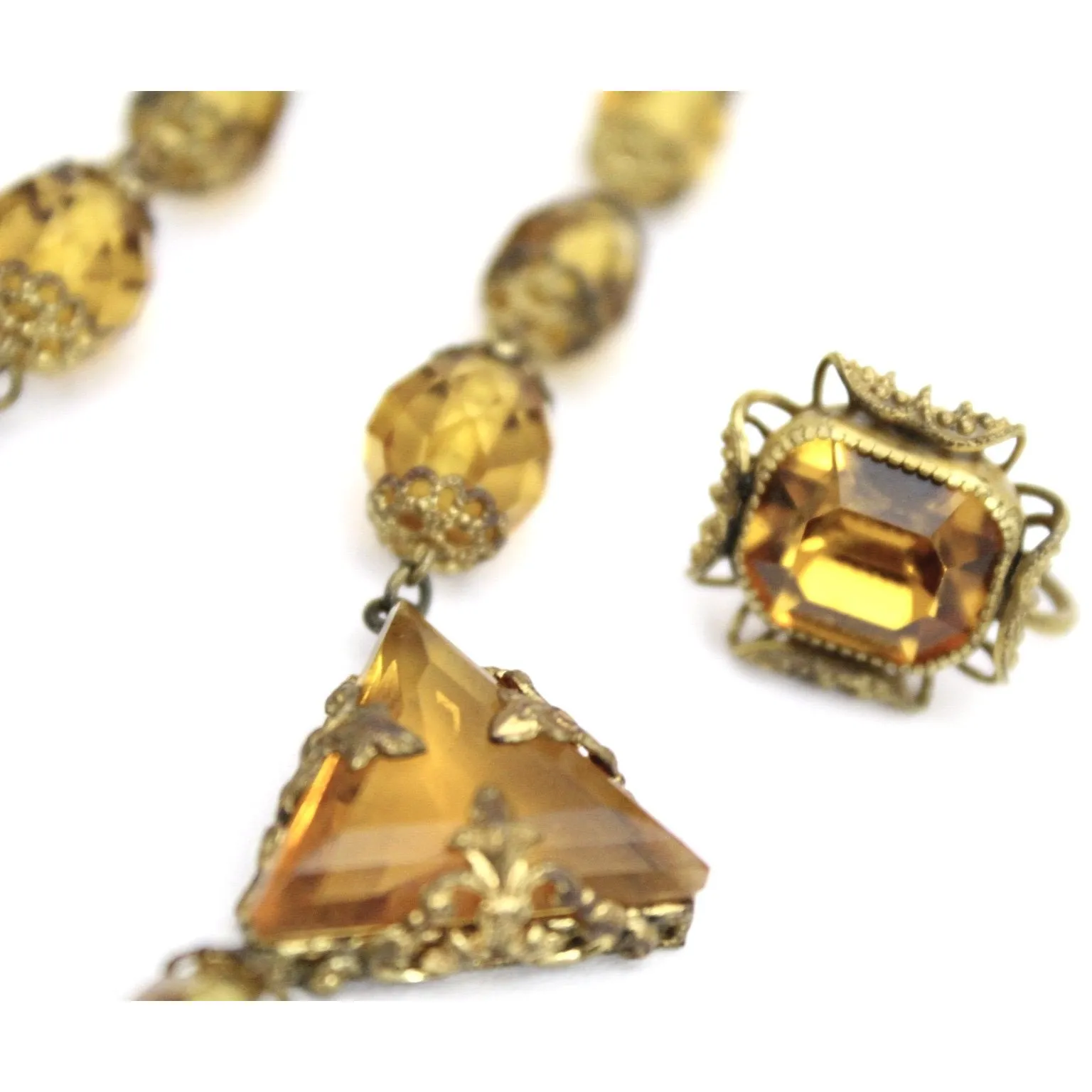 Antique 1920s Art Deco Necklace Demi Parure Amber Yellow Glass Stones Triangle Cut Brass Filigree 16" Flapper