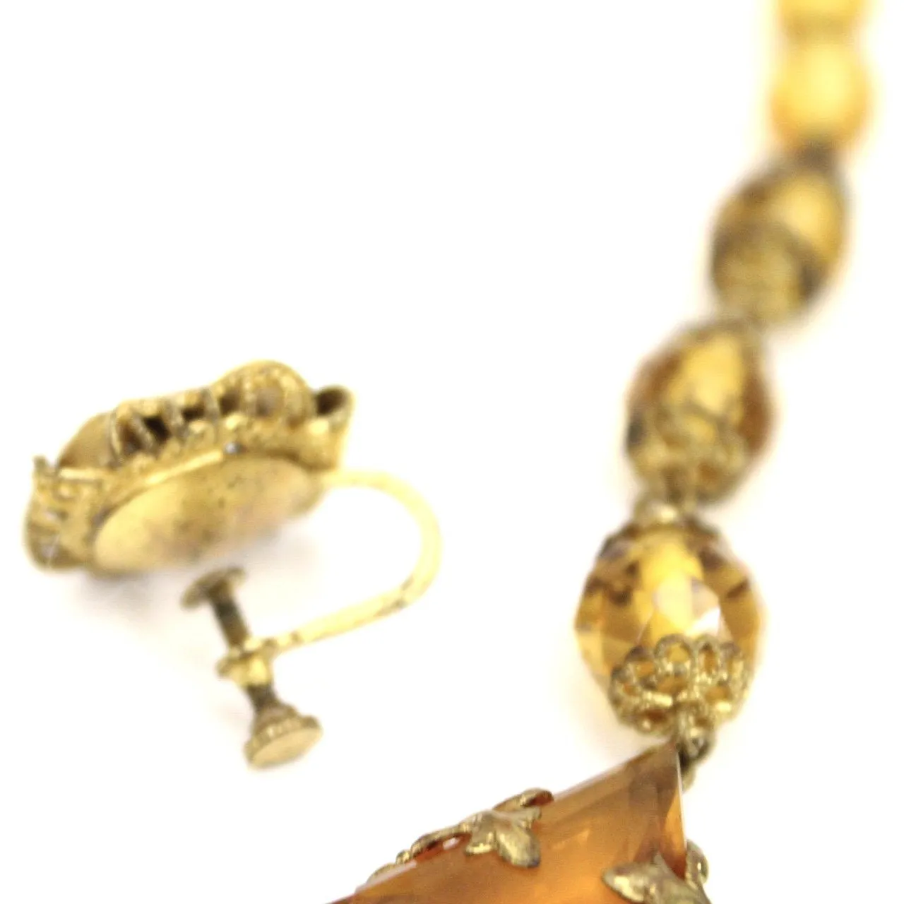 Antique 1920s Art Deco Necklace Demi Parure Amber Yellow Glass Stones Triangle Cut Brass Filigree 16" Flapper