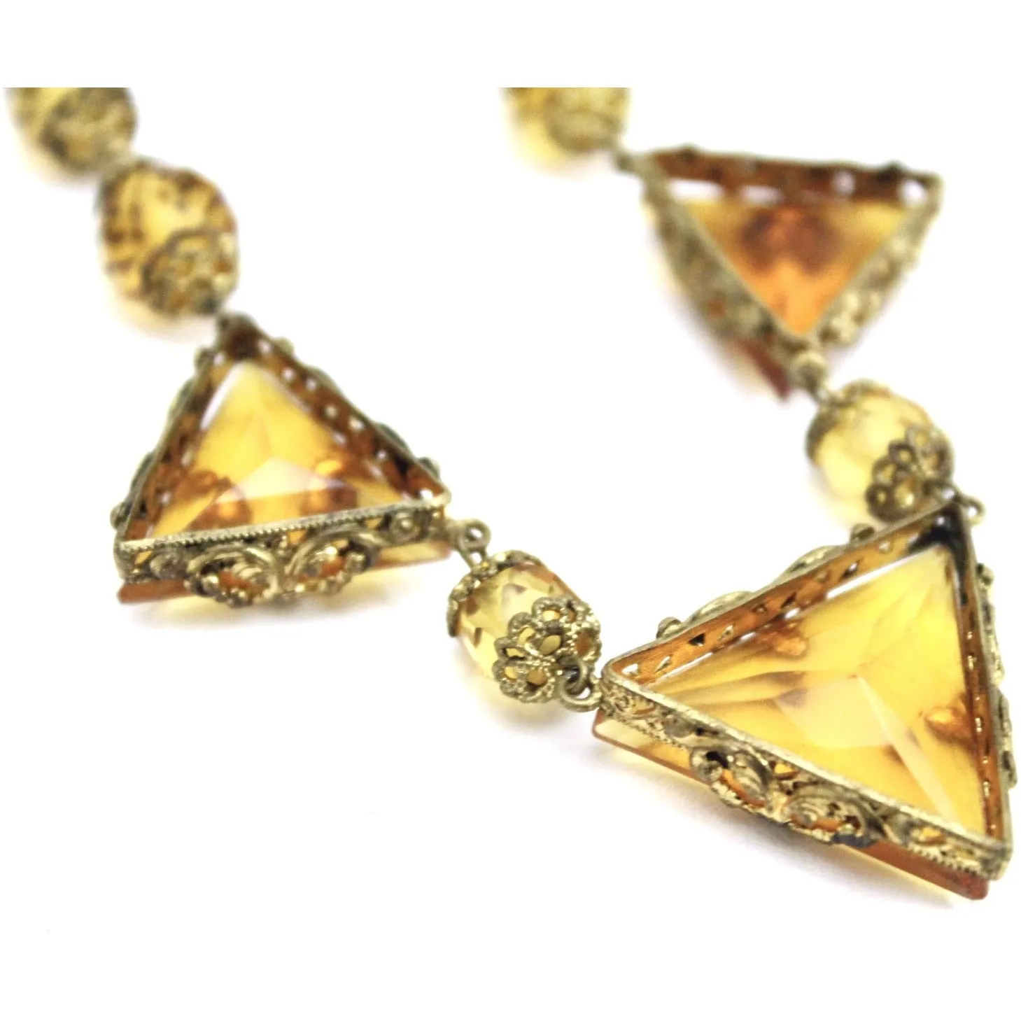 Antique 1920s Art Deco Necklace Demi Parure Amber Yellow Glass Stones Triangle Cut Brass Filigree 16" Flapper