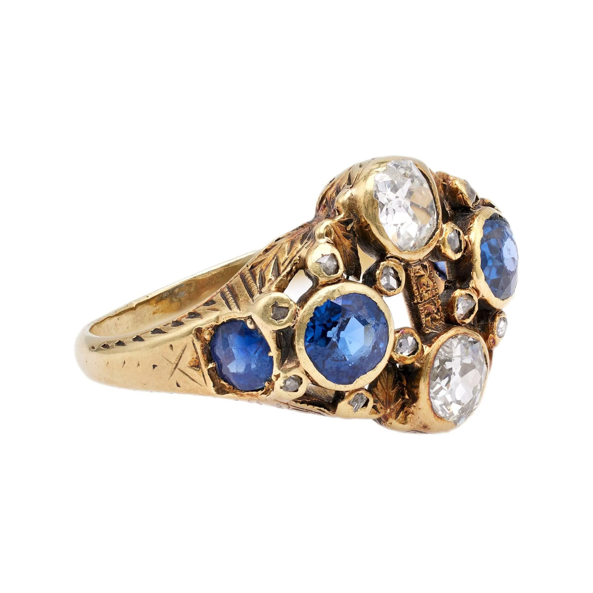 Antique French Diamond and Synthetic Sapphire 14k Yellow Gold Ring