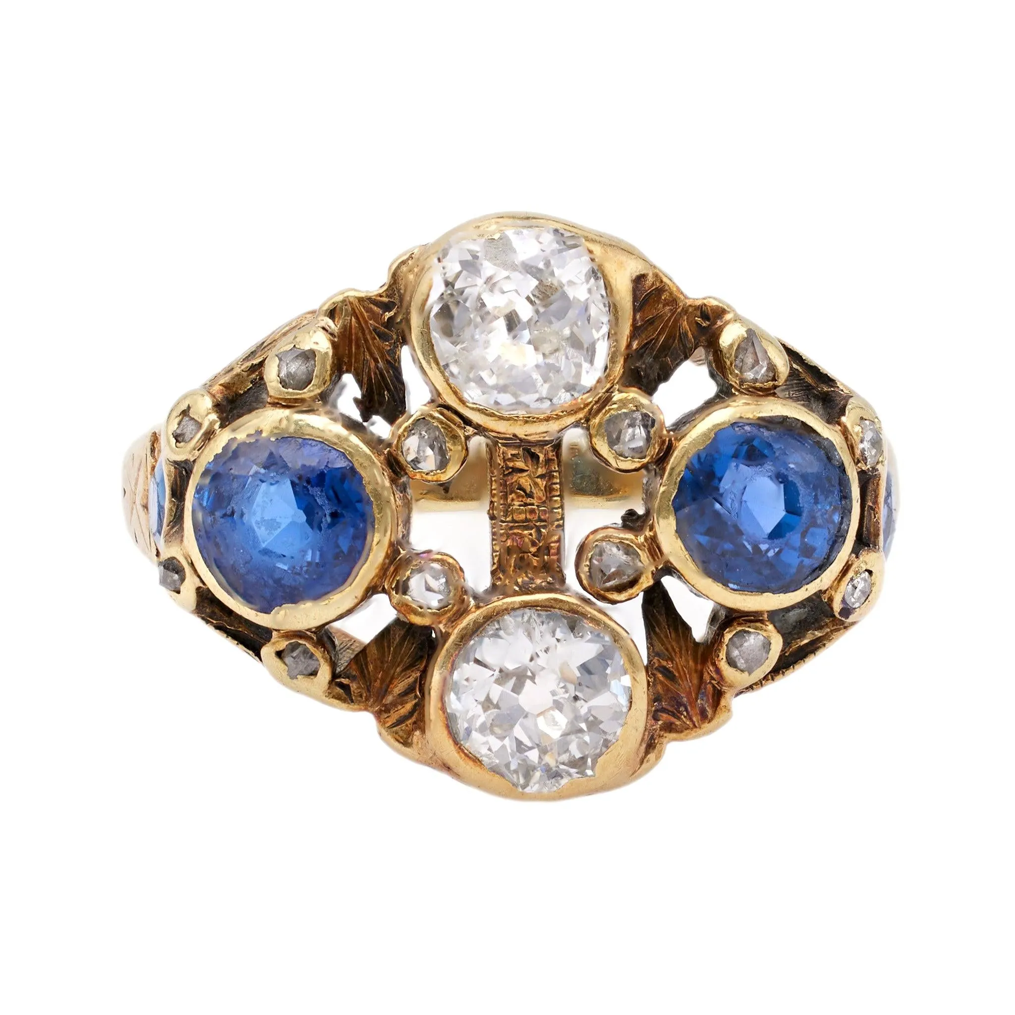 Antique French Diamond and Synthetic Sapphire 14k Yellow Gold Ring