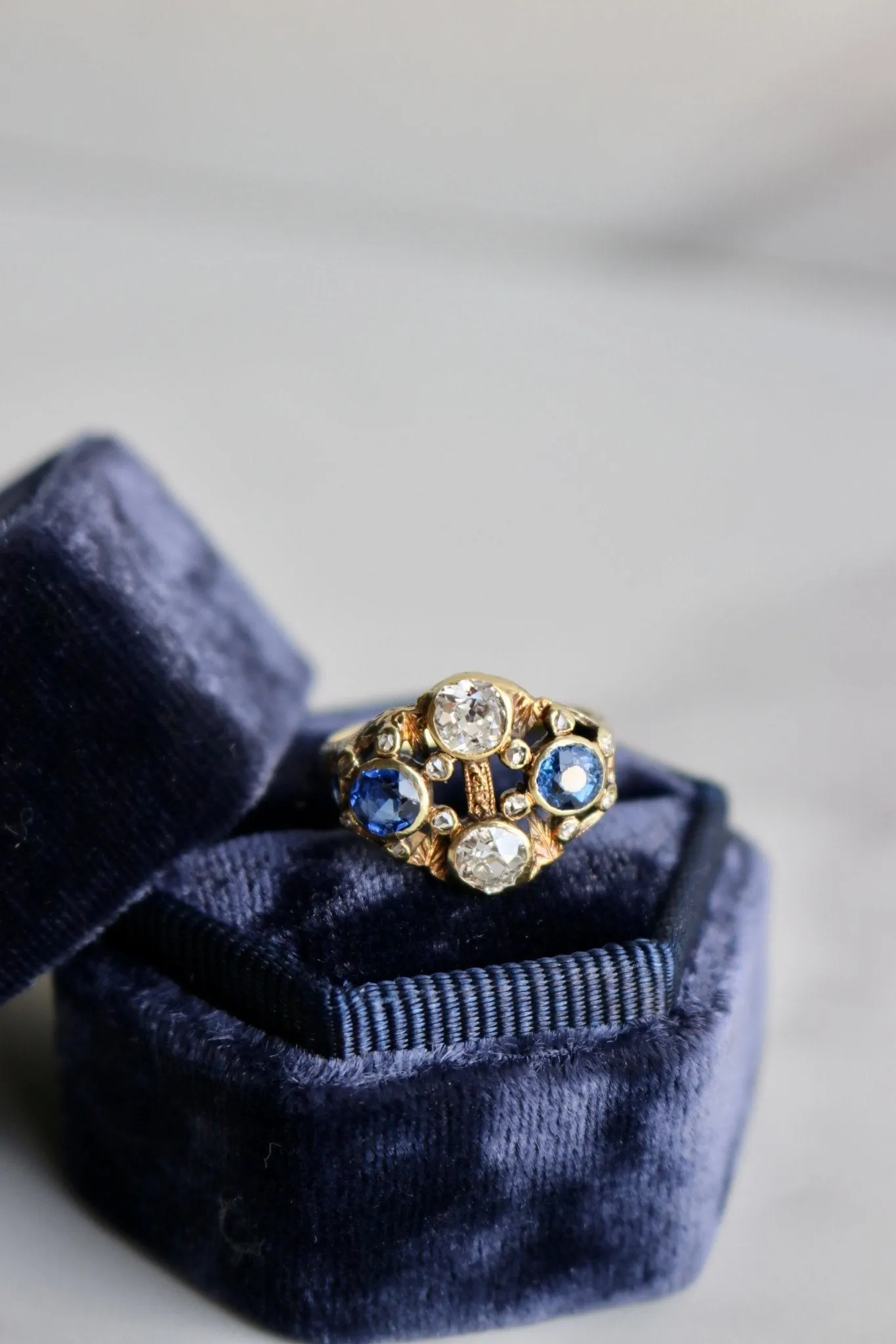 Antique French Diamond and Synthetic Sapphire 14k Yellow Gold Ring