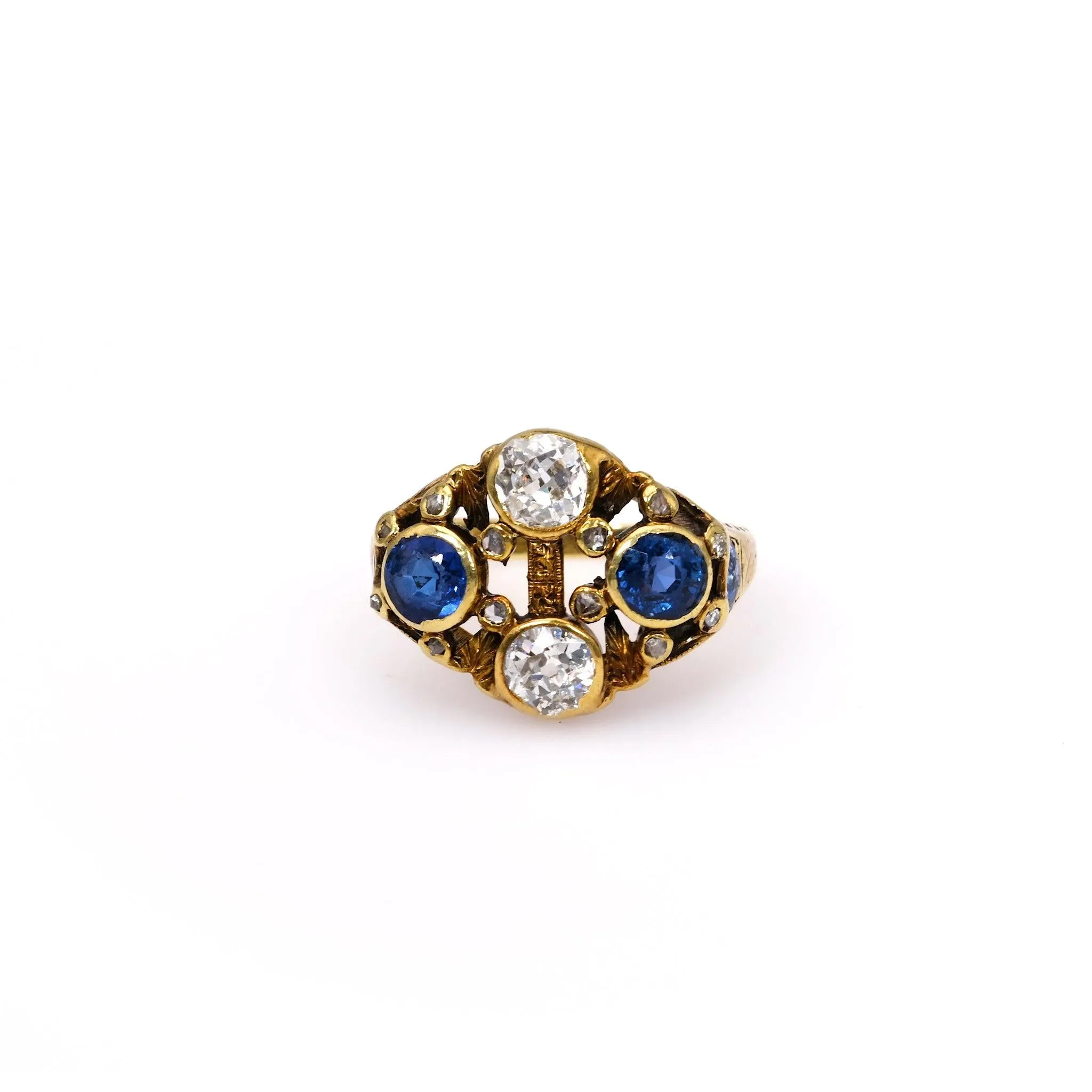 Antique French Diamond and Synthetic Sapphire 14k Yellow Gold Ring