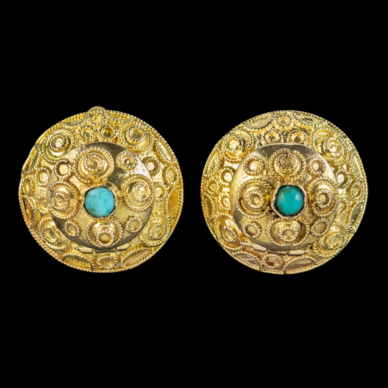 Antique Victorian Etruscan Turquoise Locket Clip Earrings 18ct Gold