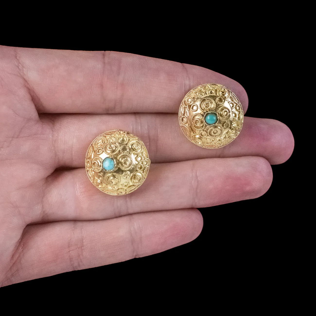 Antique Victorian Etruscan Turquoise Locket Clip Earrings 18ct Gold