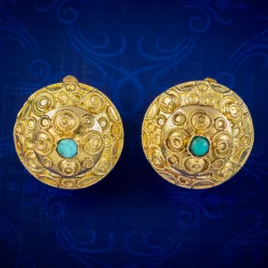 Antique Victorian Etruscan Turquoise Locket Clip Earrings 18ct Gold