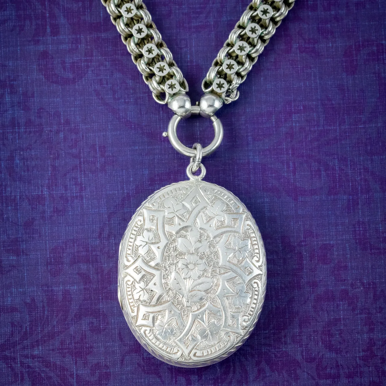 Antique Victorian Silver Forget Me Not Locket And Collar