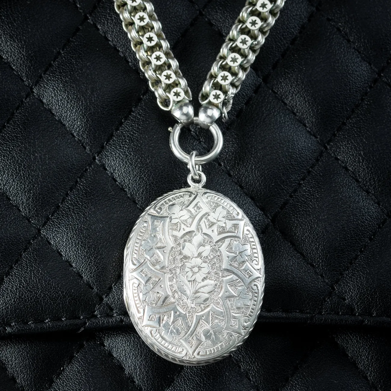 Antique Victorian Silver Forget Me Not Locket And Collar