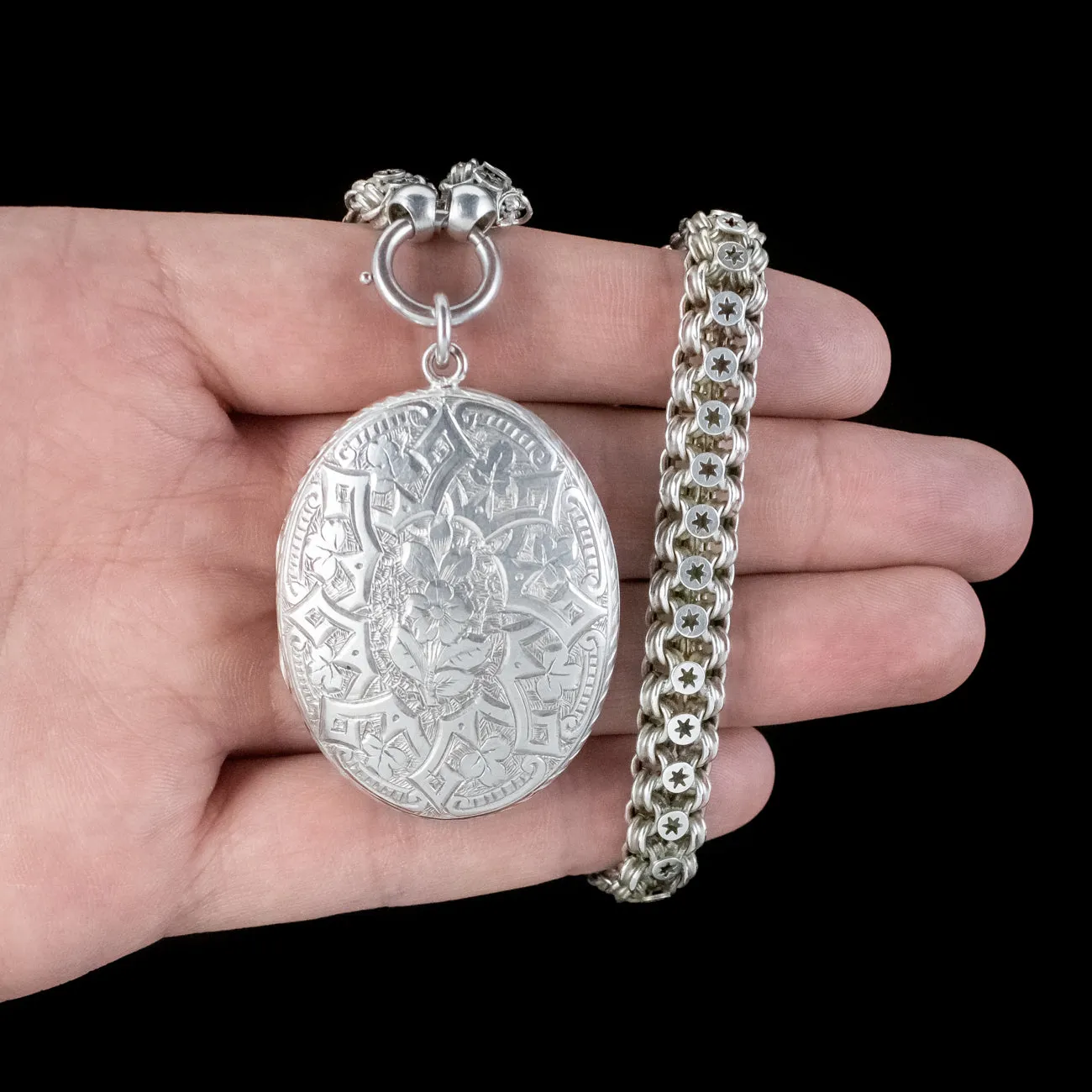 Antique Victorian Silver Forget Me Not Locket And Collar