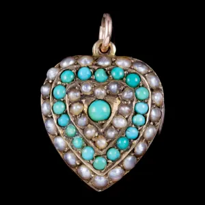 Antique Victorian Turquoise Pearl Heart Pendant Locket 18Ct Gold Circa 1900