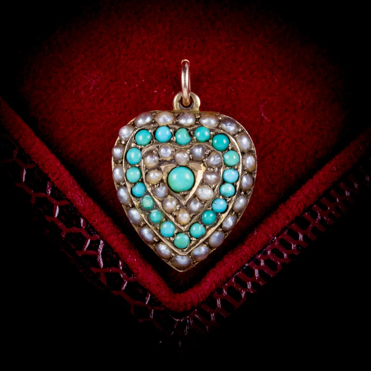 Antique Victorian Turquoise Pearl Heart Pendant Locket 18Ct Gold Circa 1900