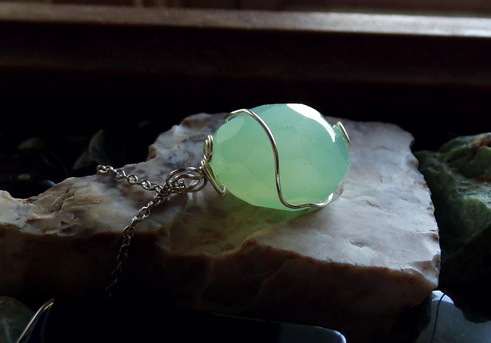 Aqua Chalcedony Gemstone Crystal Wire Wrapped Pendant Necklace