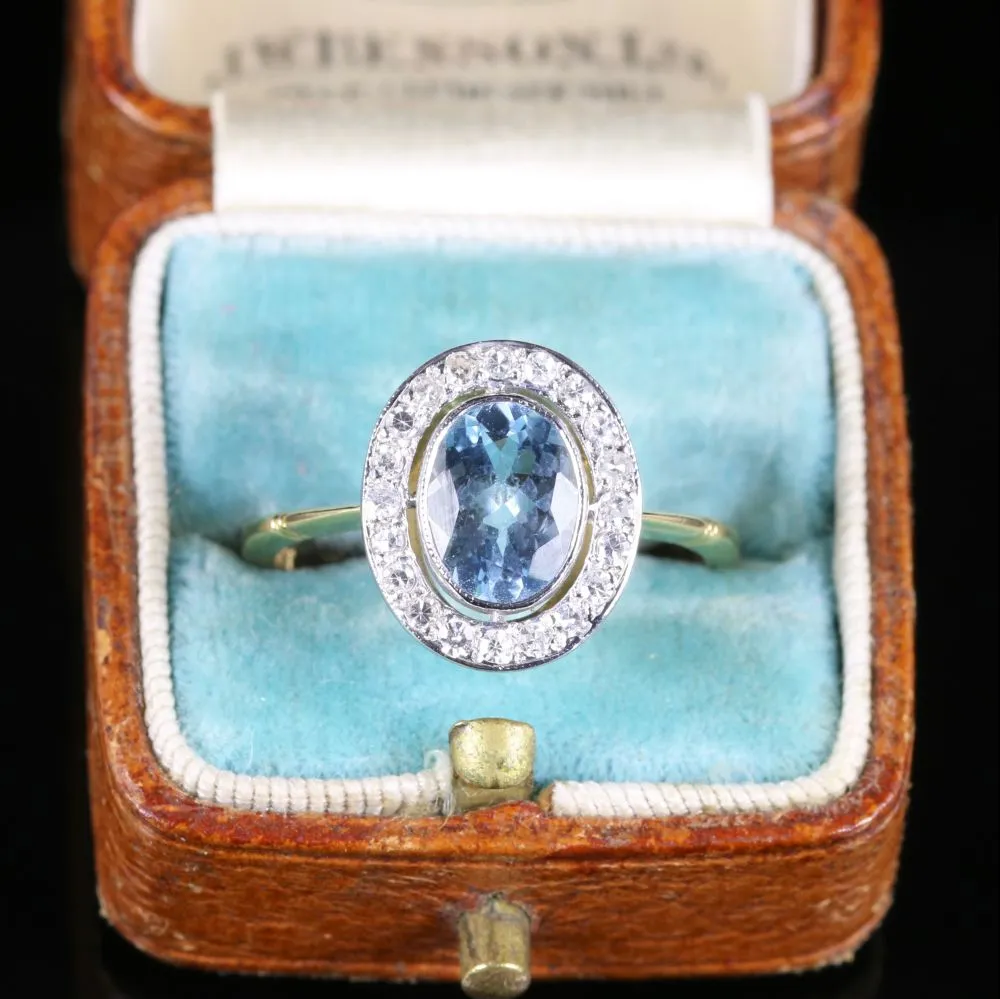 Aquamarine Diamond Cluster Engagement Ring 18Ct Gold