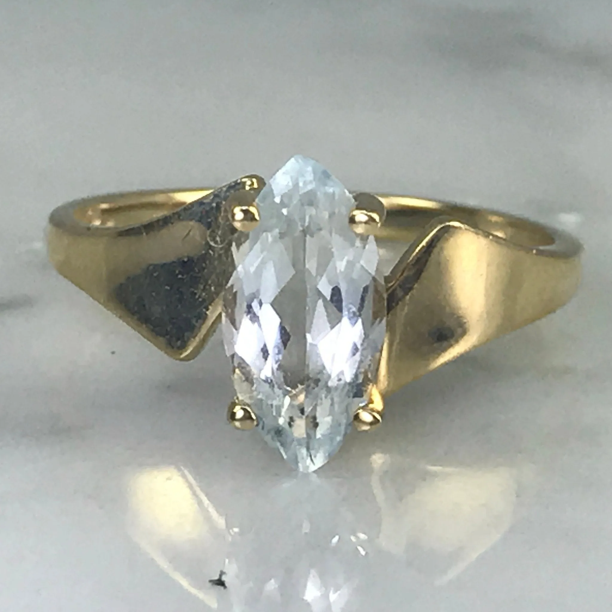 Aquamarine Ring. Modernist 10k Yellow Gold Setting. March Birthstone. 19th Anniversary.