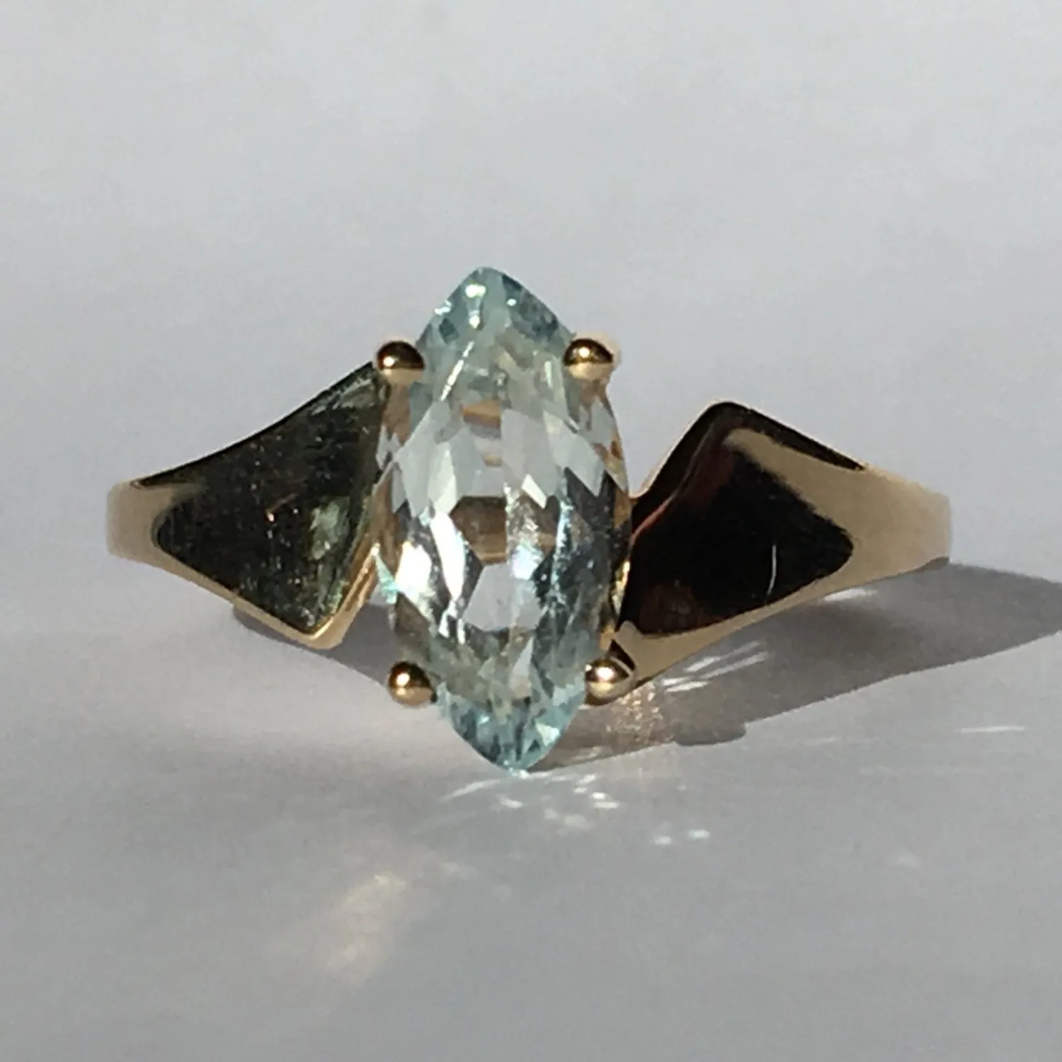 Aquamarine Ring. Modernist 10k Yellow Gold Setting. March Birthstone. 19th Anniversary.