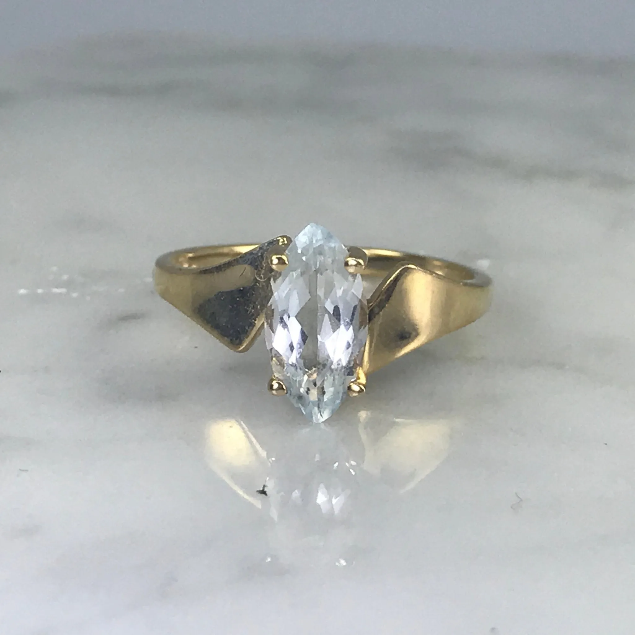 Aquamarine Ring. Modernist 10k Yellow Gold Setting. March Birthstone. 19th Anniversary.