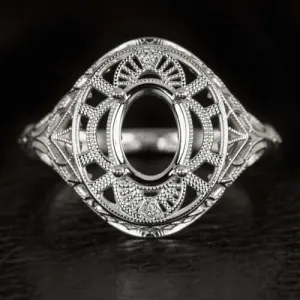 ART DECO VINTAGE STYLE RING SETTING FILIGREE 14k WHITE GOLD OVAL 8x6mm COCKTAIL