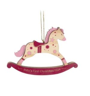 Baby Girl's First Christmas Rocking Horse 2024 Wood Ornament