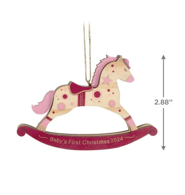 Baby Girl's First Christmas Rocking Horse 2024 Wood Ornament