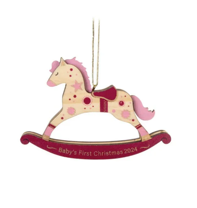 Baby Girl's First Christmas Rocking Horse 2024 Wood Ornament