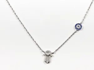 Beautiful Dainty Evil Eye & Hamsa Hand CZ Charm Silver Necklace