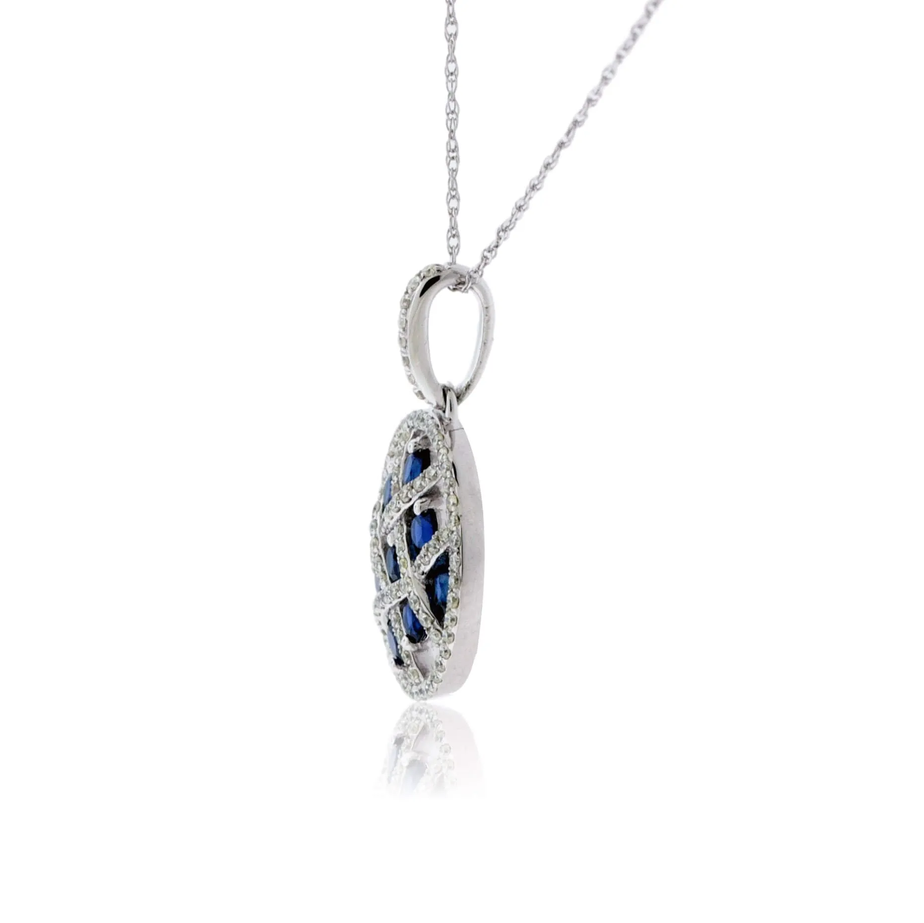 Blue Sapphire and Diamond Halo Circle Pendant