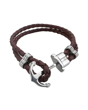 Brown Braided Leather Bracelet With Anchor Clasp