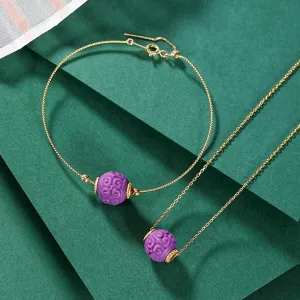 Buddha Stones 925 Sterling Silver Plated Gold Natural Purple Mica Stone Relief Bead Positive Necklace Pendant Bracelet Set