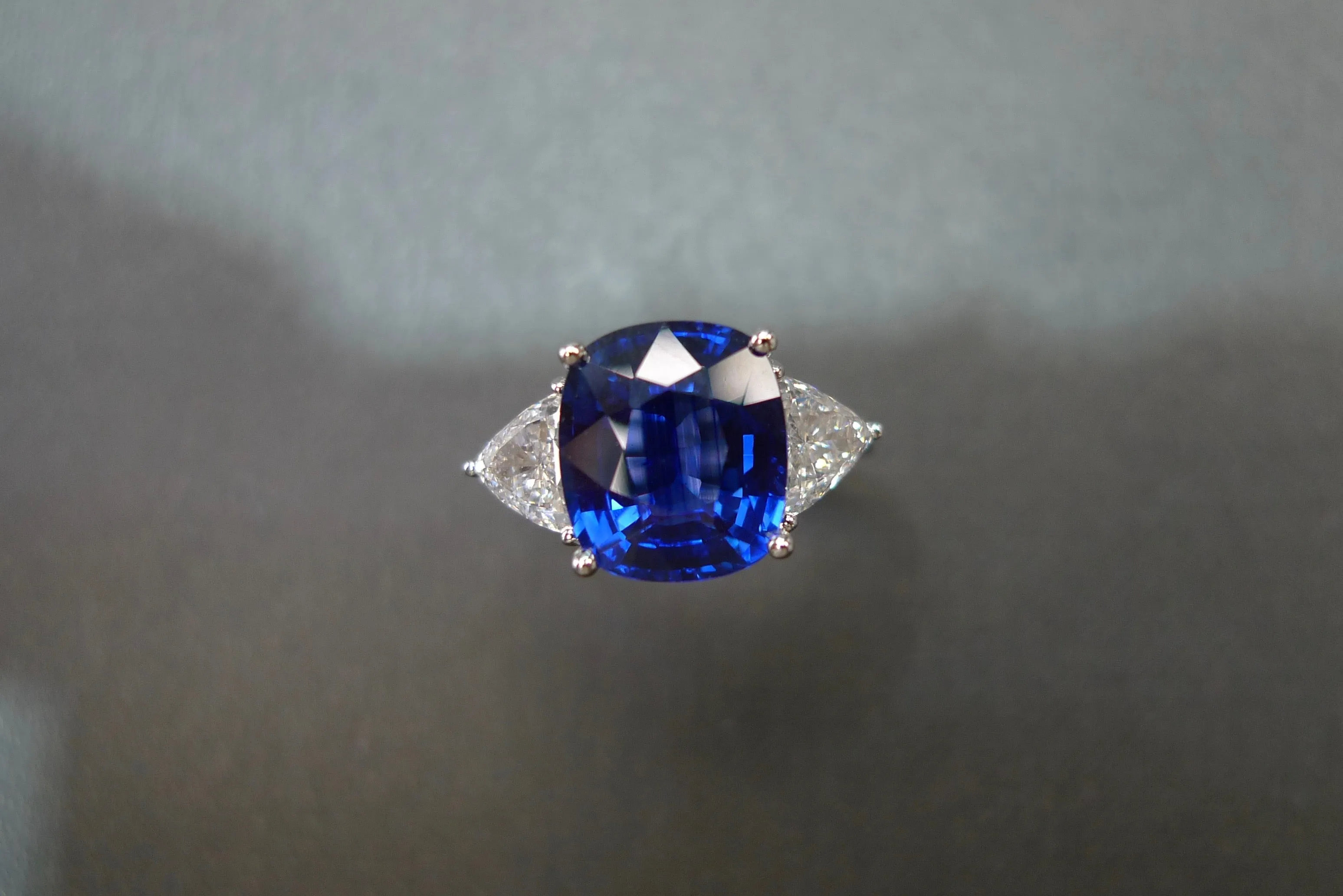 Certified 4.82ct Cushion Cut Natural Blue Sapphire and Triangle Cut Diamond Ring in White Gold